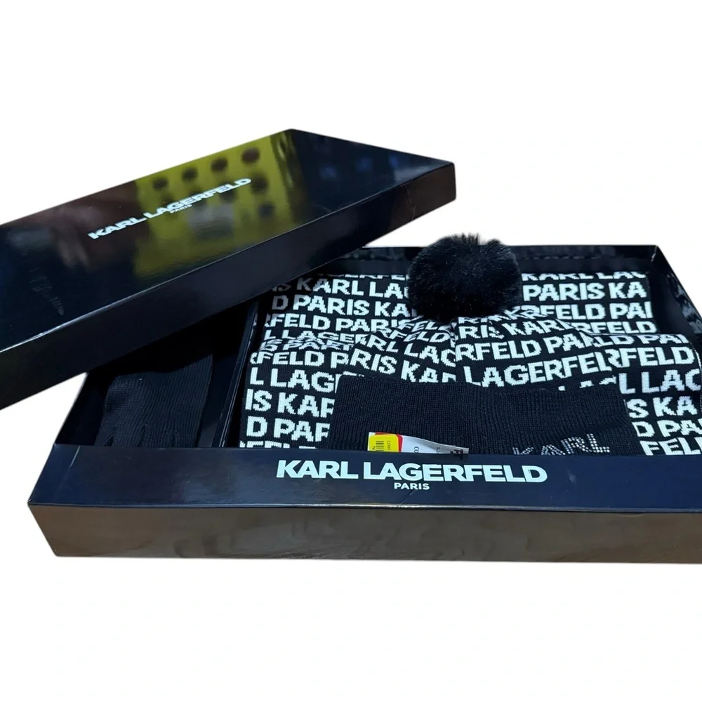 KARL LAGERFELD Women Gift Set Hat, Scarf, Gloves Boxed Beanie Black White NWT